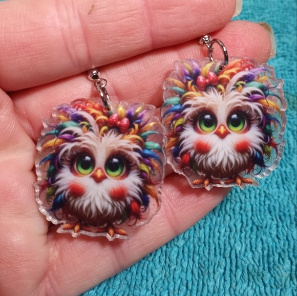 Colorful Owl Earrings Dangle Wire Multicolor - Picture 1 of 3